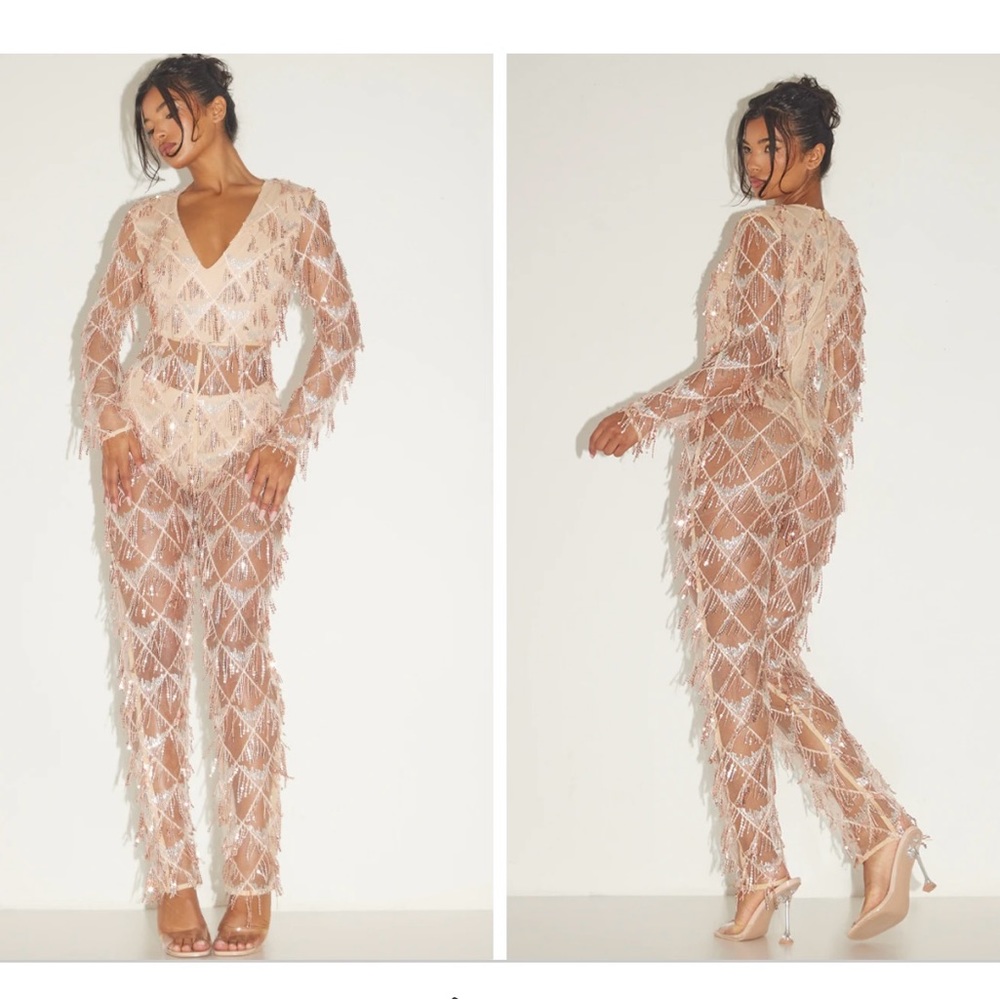PLT Rose gold sequin fringe tassel jumpsuit
